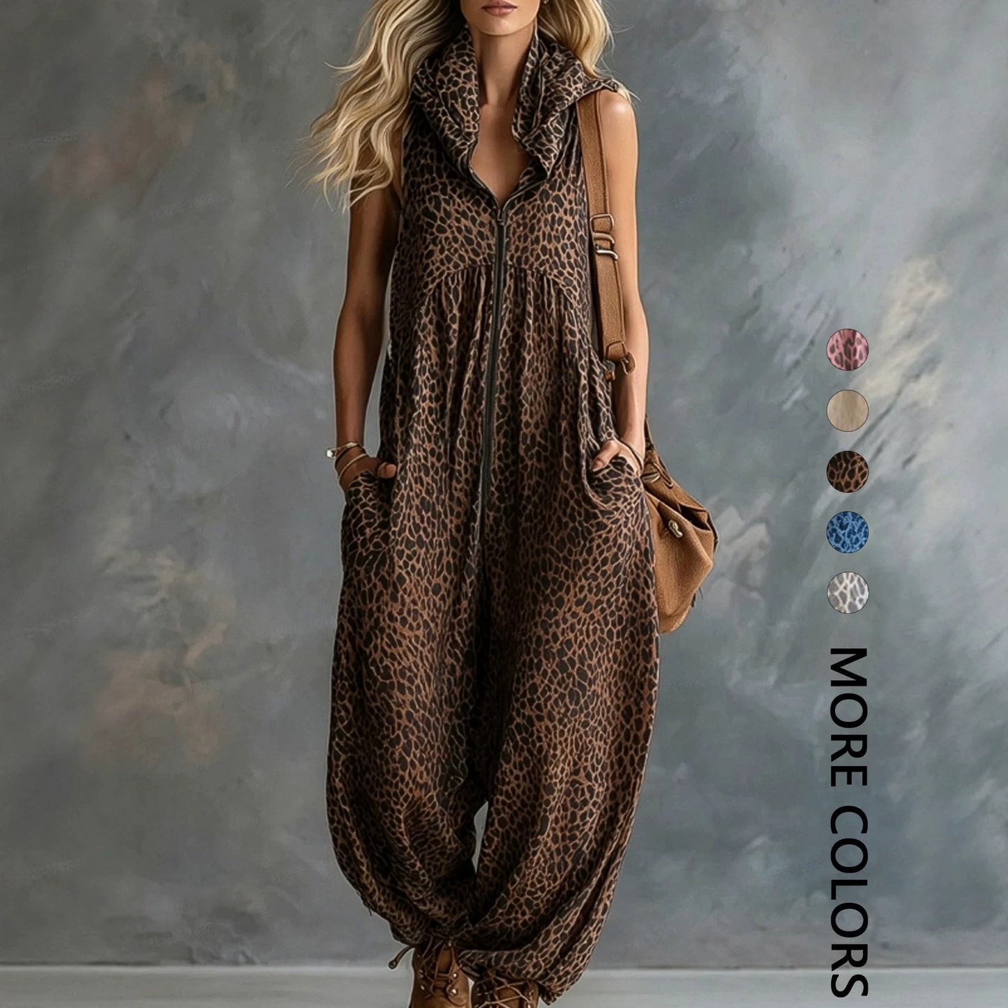 VVZ Women's Summer Leopard Print Hooded Zip-Up Jumpsuit