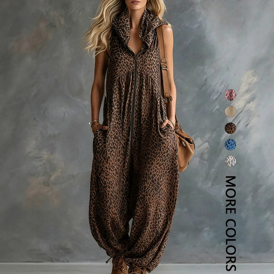 VVZ Women's Summer Leopard Print Hooded Zip-Up Jumpsuit