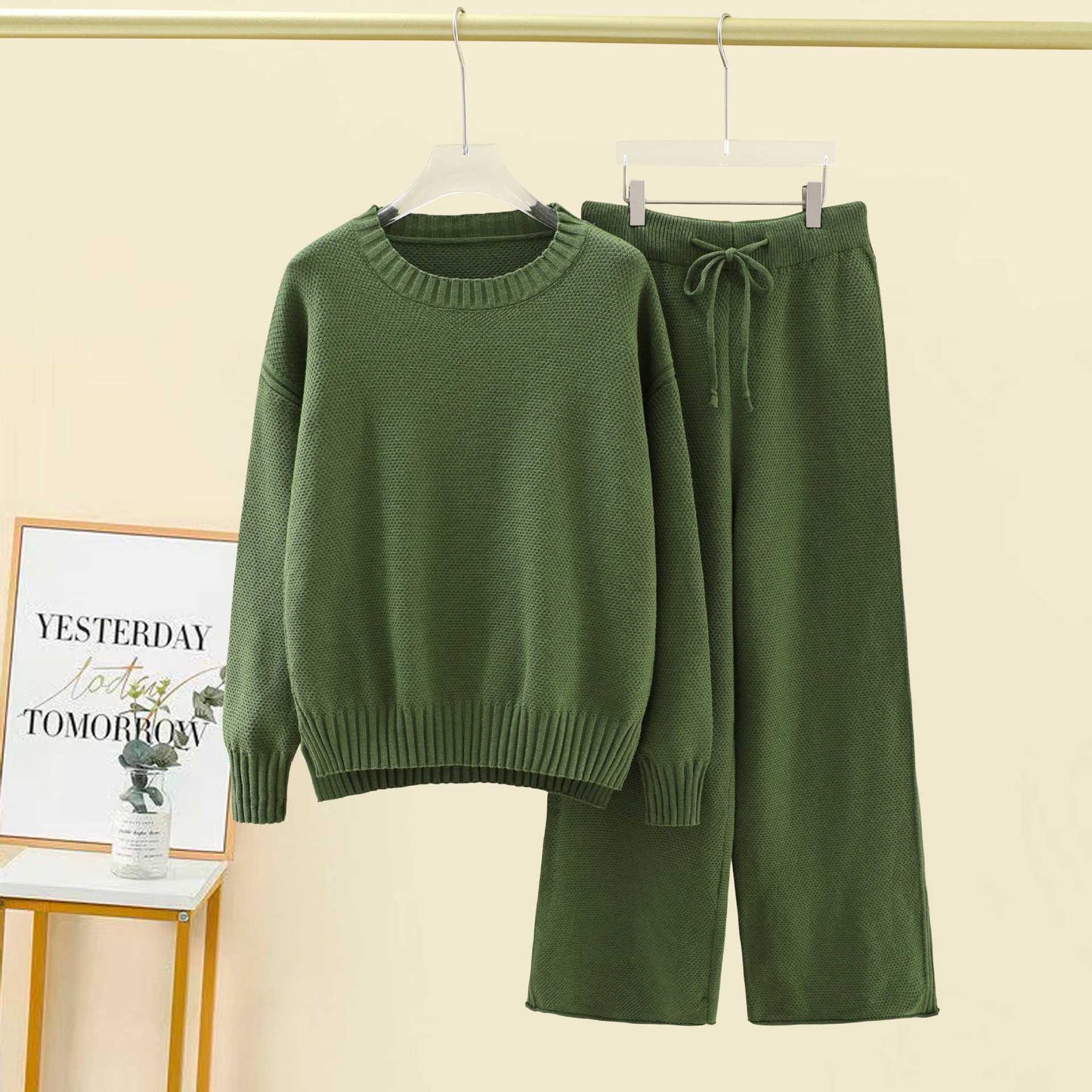 VVZ Women'S Oversized Round Neck Sweater & Wide-Leg Pants Two-Piece Set