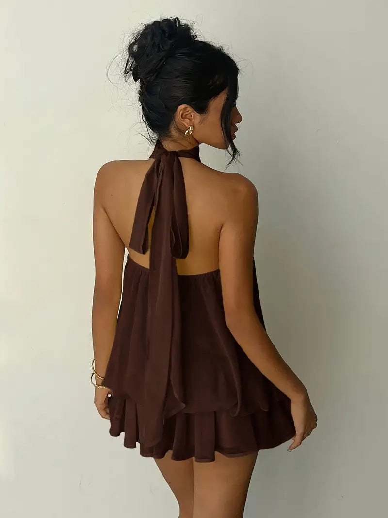 VVZ  Women's Summer Casual Fashion Halter Tie Back Mini Dress