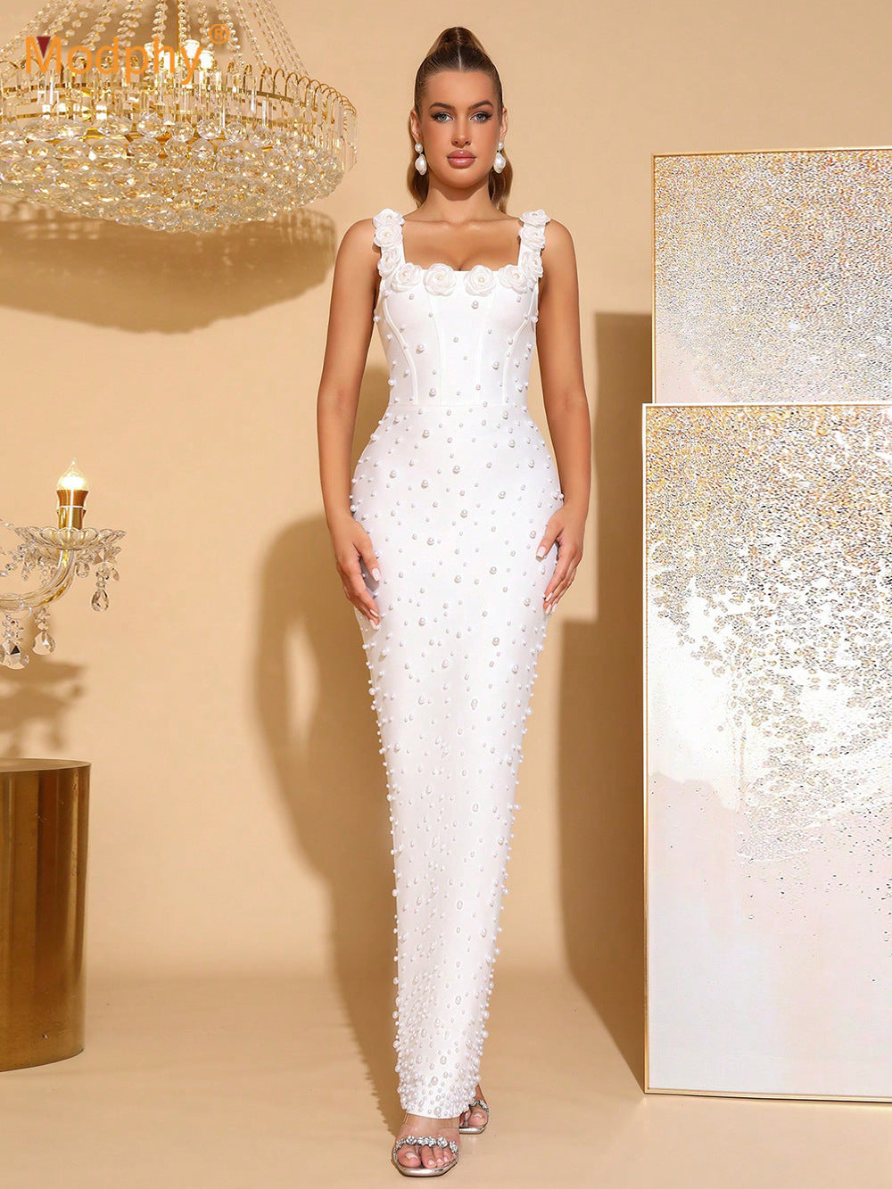 VVZ Beaded Floral Embellished, Fitted, Sleeveless, Square-Neck, Spaghetti-Strap Dress