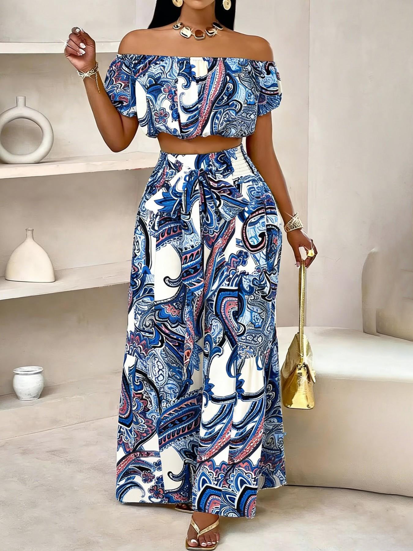 VVZ Off-Shoulder Puff-Sleeve Cropped Top and High-Waisted Drawstring Wide-Leg Pants