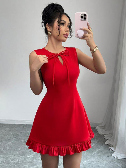 VVZ Elegant Women's Round Neck Bow Design Sleeveless Mini Dress