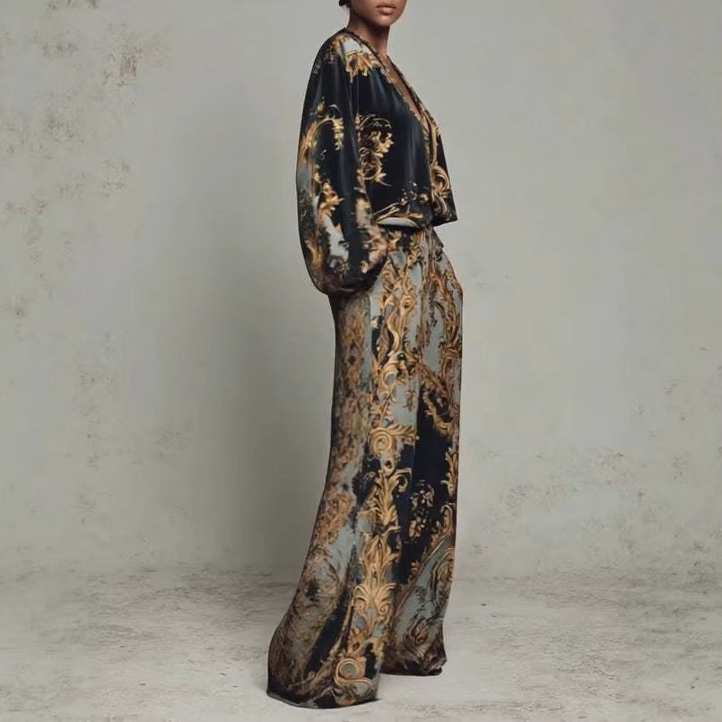 VVZ Deep V-Neck Top and High-Waisted Wide-Leg Pants