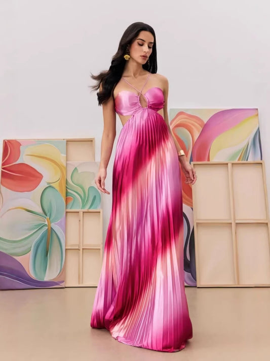 VVZ Pink Ombré Pleated Satin Long Gown