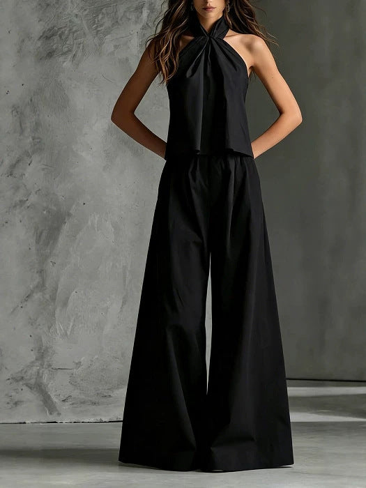 VVZ Loose-neckline sleeveless top and high-waisted wide-leg trousers