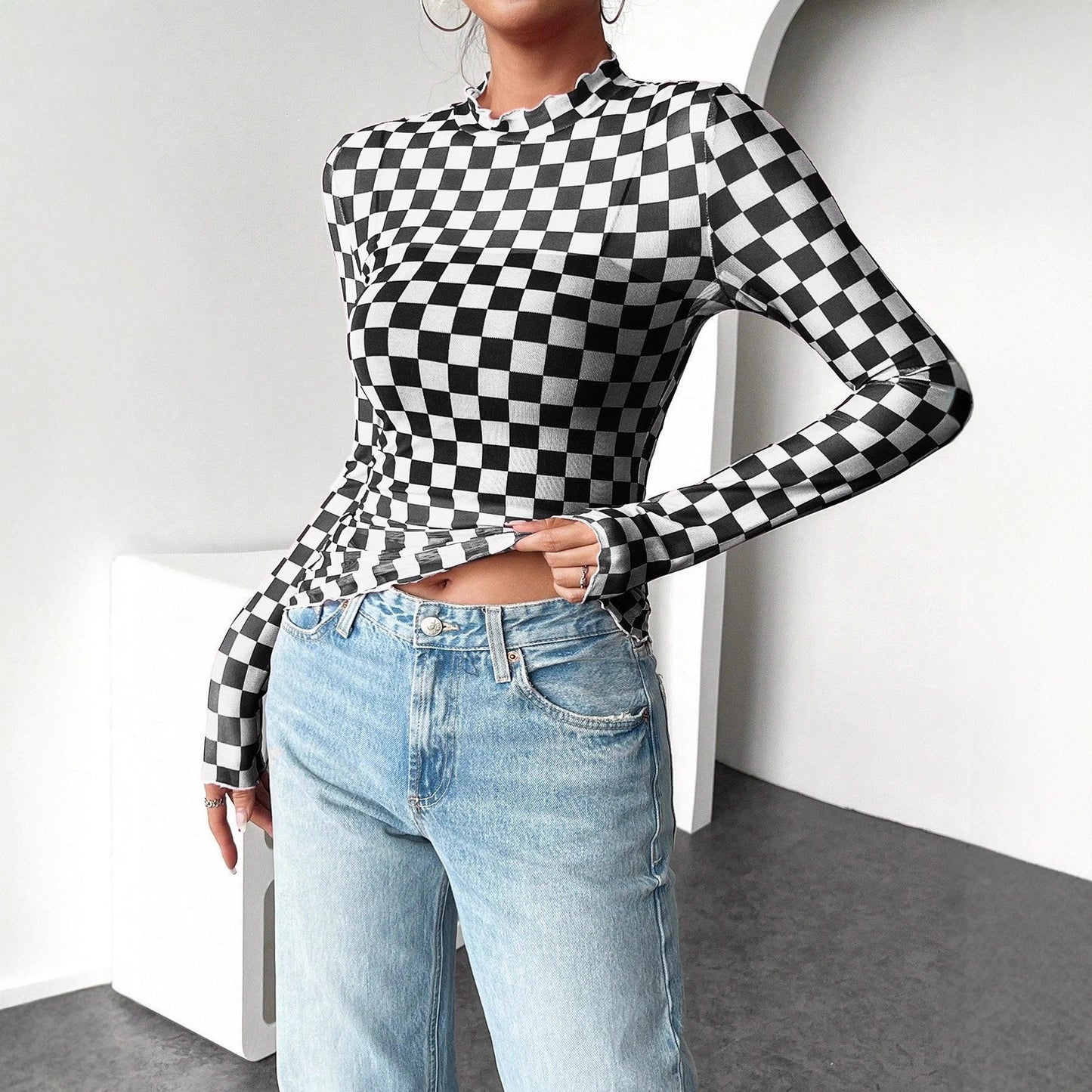 VVZ Women's & Chessboard Pattern Mesh Long Sleeve Top