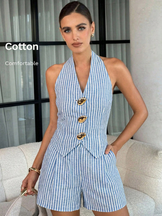 VVZ Women's Striped Halter Top and Shorts Set