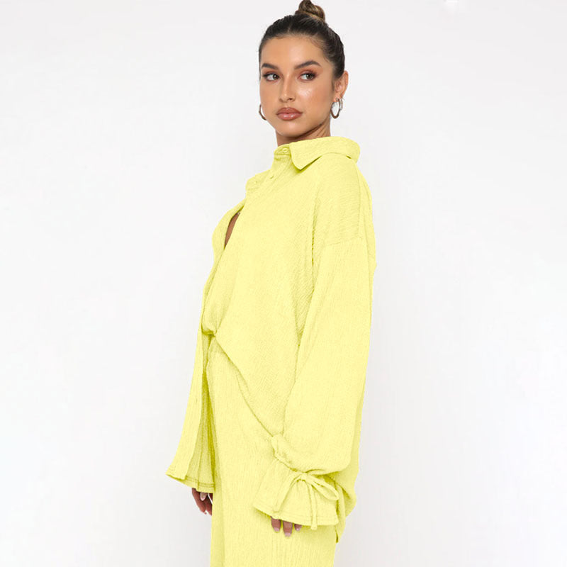 VVZ Women's Solid-Color Collared Button-Down Shirt and Slit-Hem Trousers Set