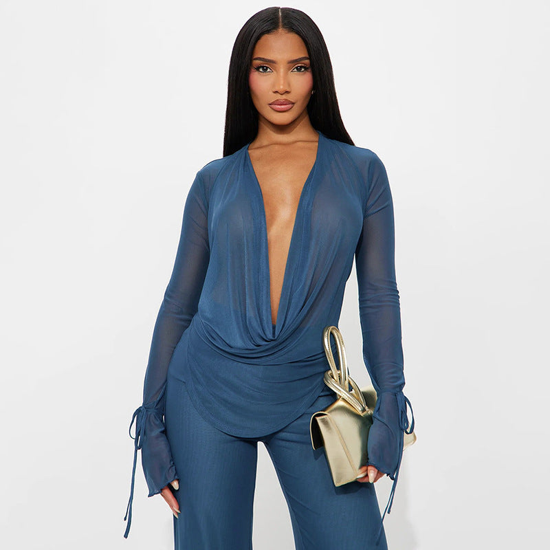 VVZ Deep V-Neck Mesh Top Paired with Wide-Leg Pants