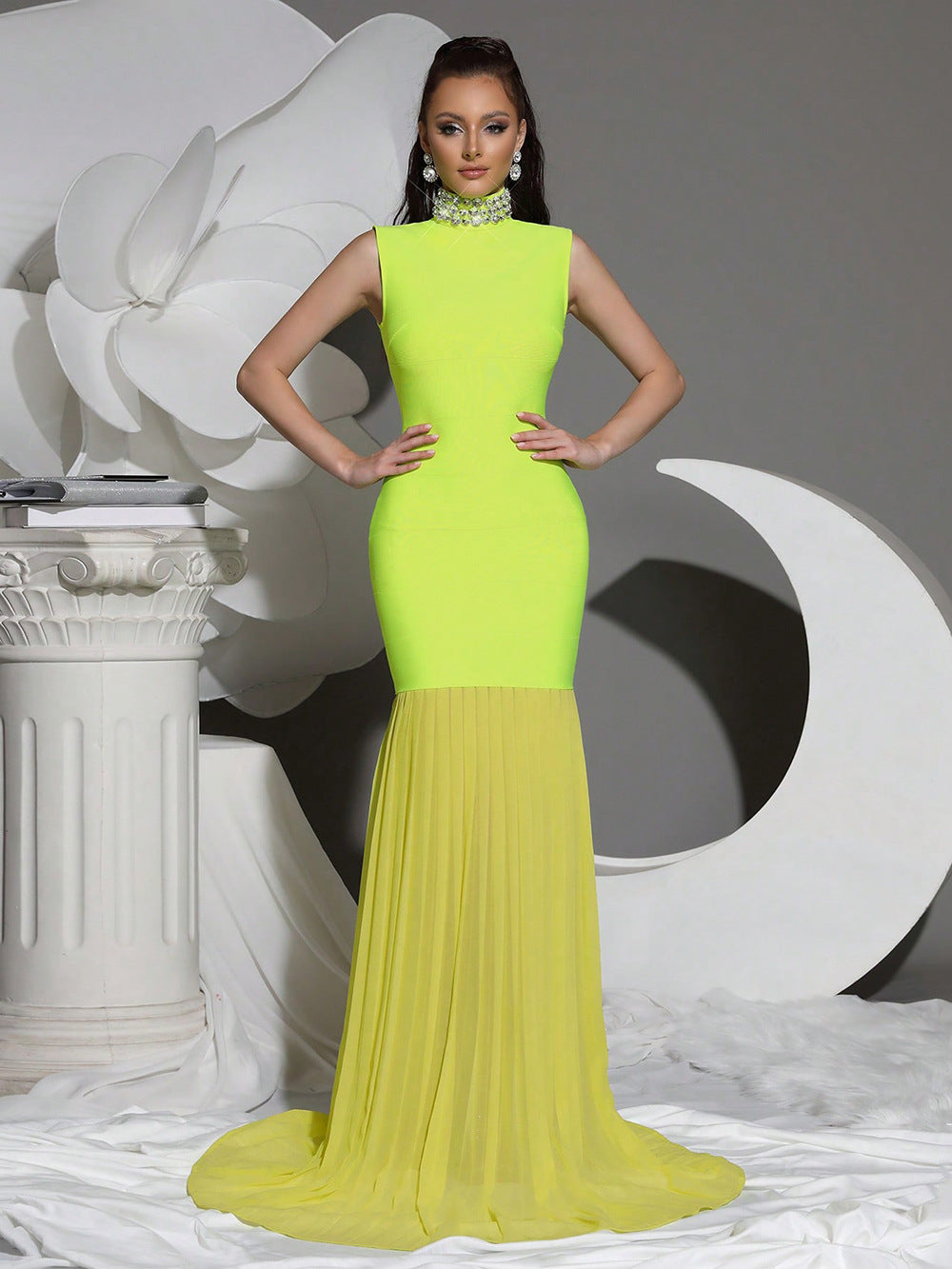 VVZ Women's Long Dress with Mesh Paneling