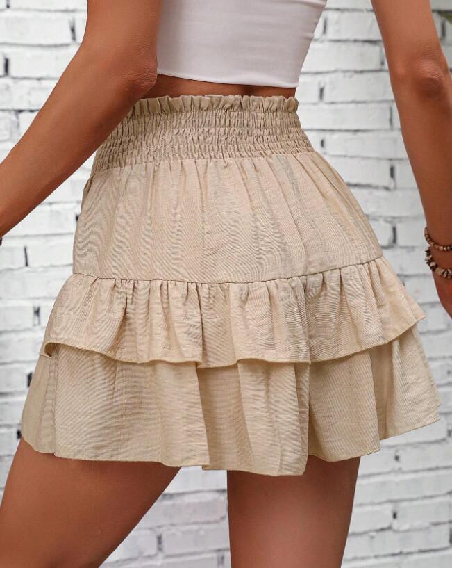 VVZ Women's High-Waisted Pleated Shorts with Ruffle Trim