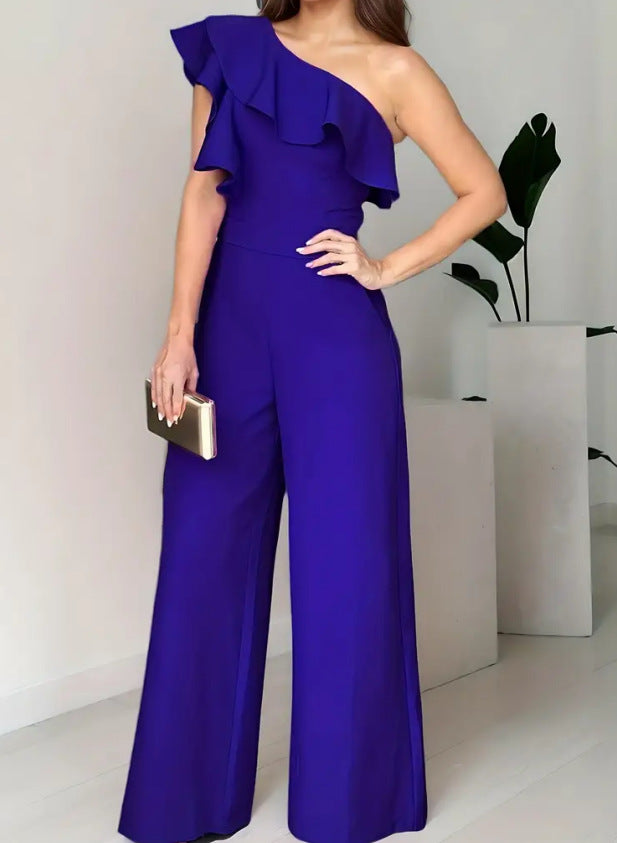 VVZ Women's Solid-Color One-Shoulder Ruffled Slim-Fit Jumpsuit