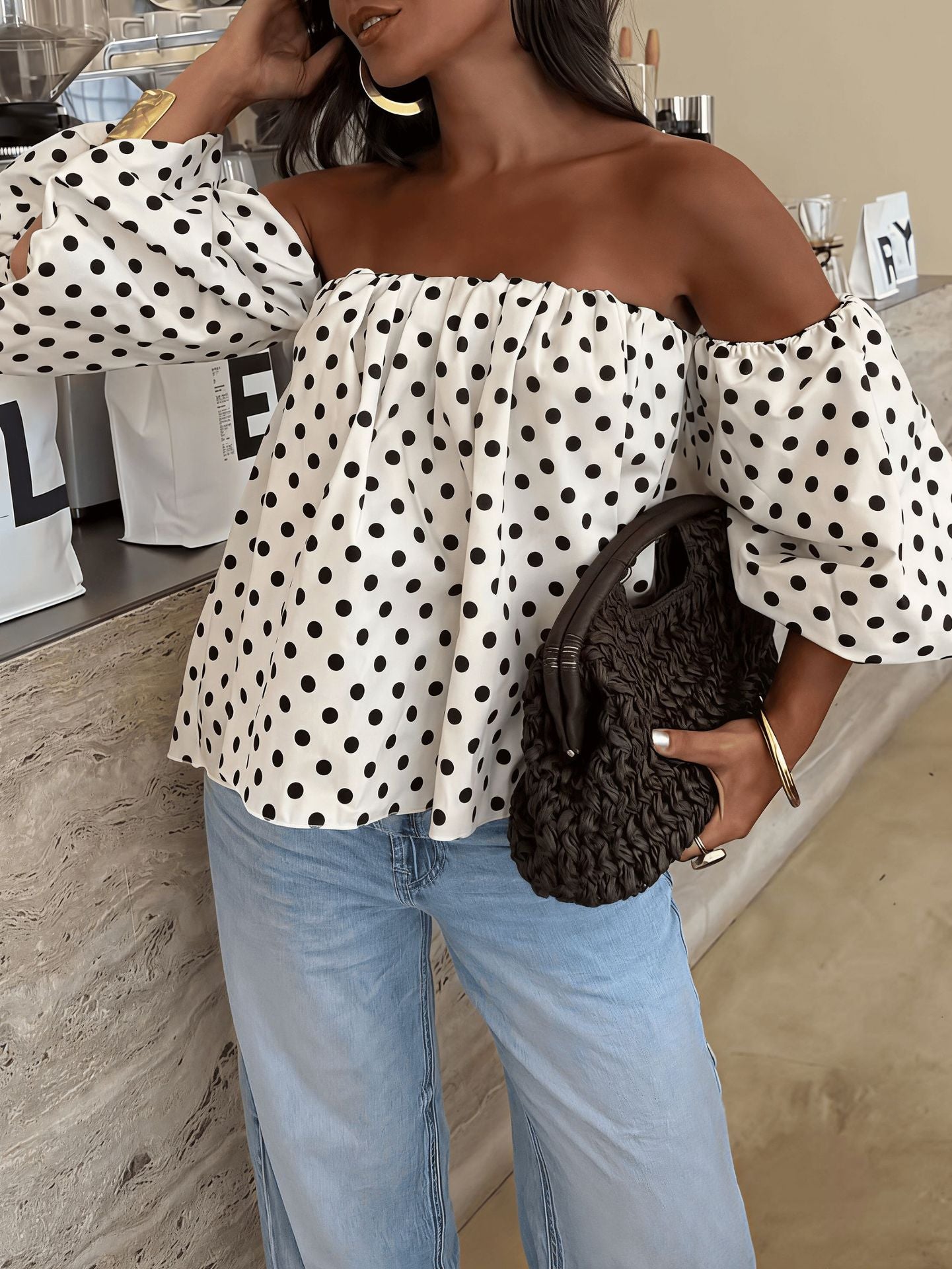 VVZ Women's Polka-Dot Color-Block Pleated One-Shoulder Top