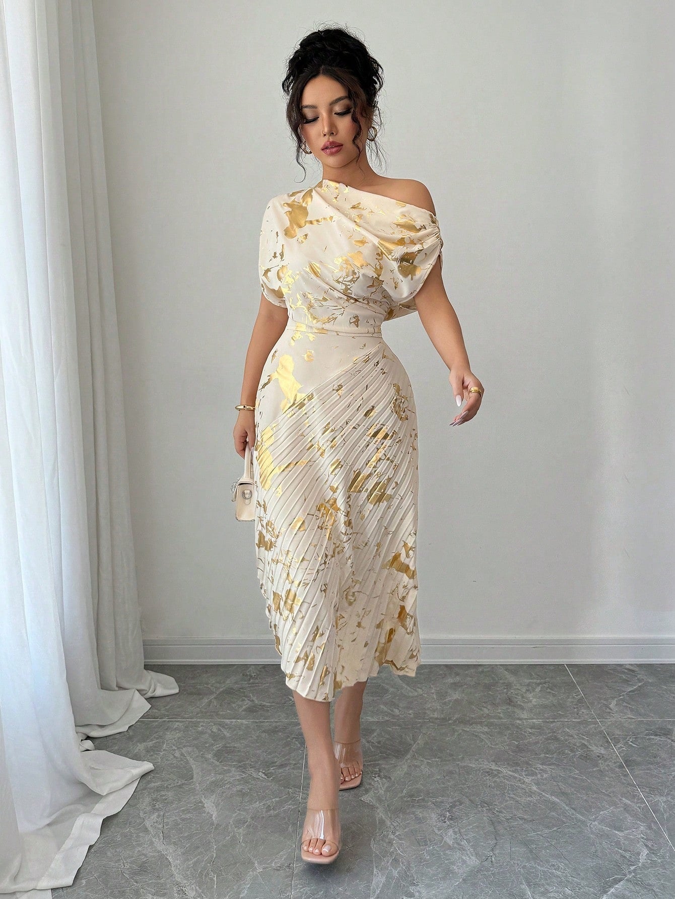 VVZ Women's All-Over Print Asymmetrical-Neck Formal Party Dress