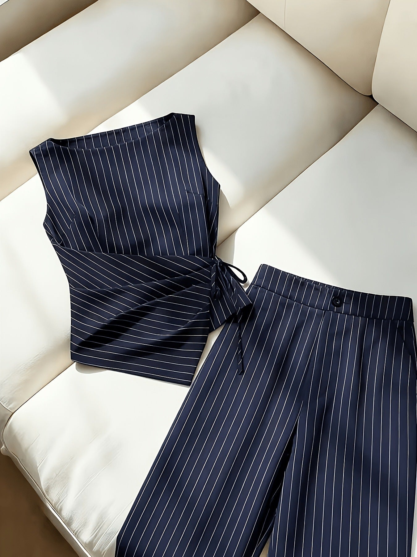 VVZ Women's Striped Tie-Front Tank Top and Straight-Leg Pants Set