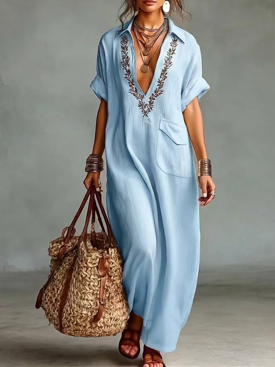 VVZ Casual V-neck short-sleeved long dress with pockets