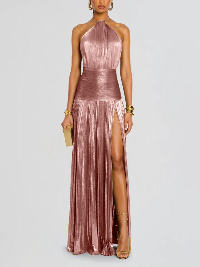 VVZ Halter-Neck Metallic Pleated Maxi Dress