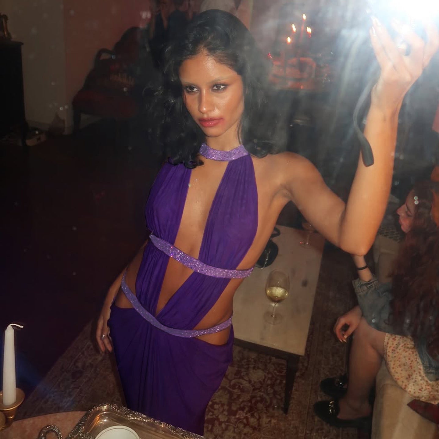 VVZ Sexy Backless Sequin Maxi Dress with Spaghetti Straps