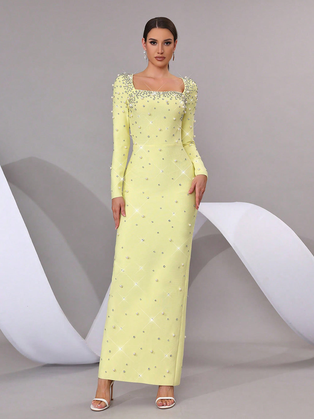 VVZ Fitted Square-Neck Maxi Dress with Beading and Rhinestone Embellishments