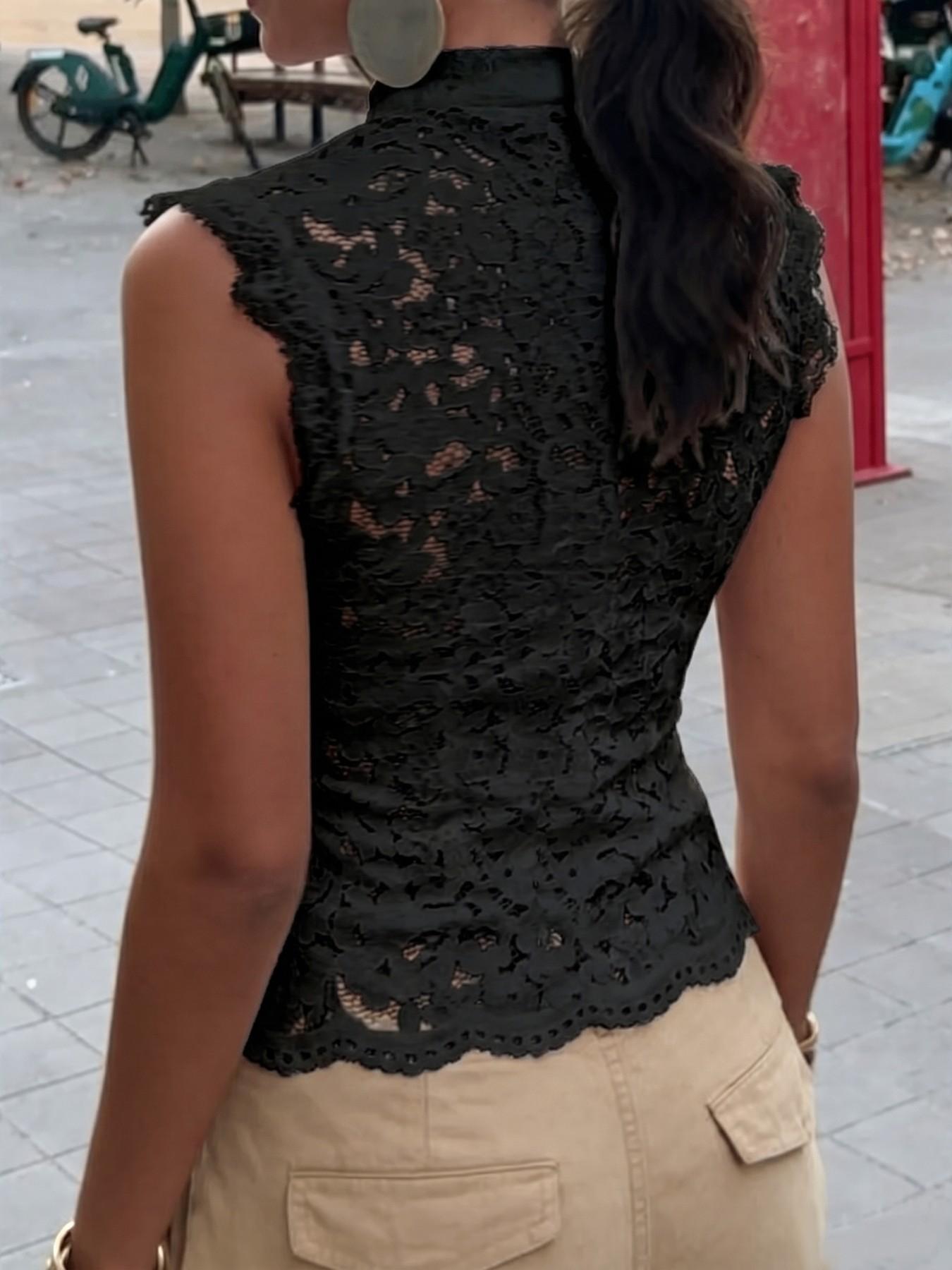 VVZ Women's Summer Lace Stand-Collar Top