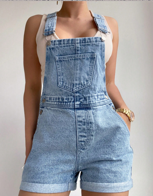 VVZ Vintage light-wash denim open-back overall shorts