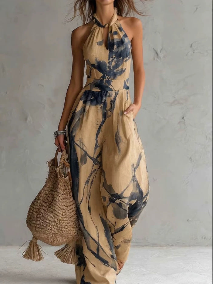 VVZ Women's Ink-Wash Print Halter-Neck Jumpsuit