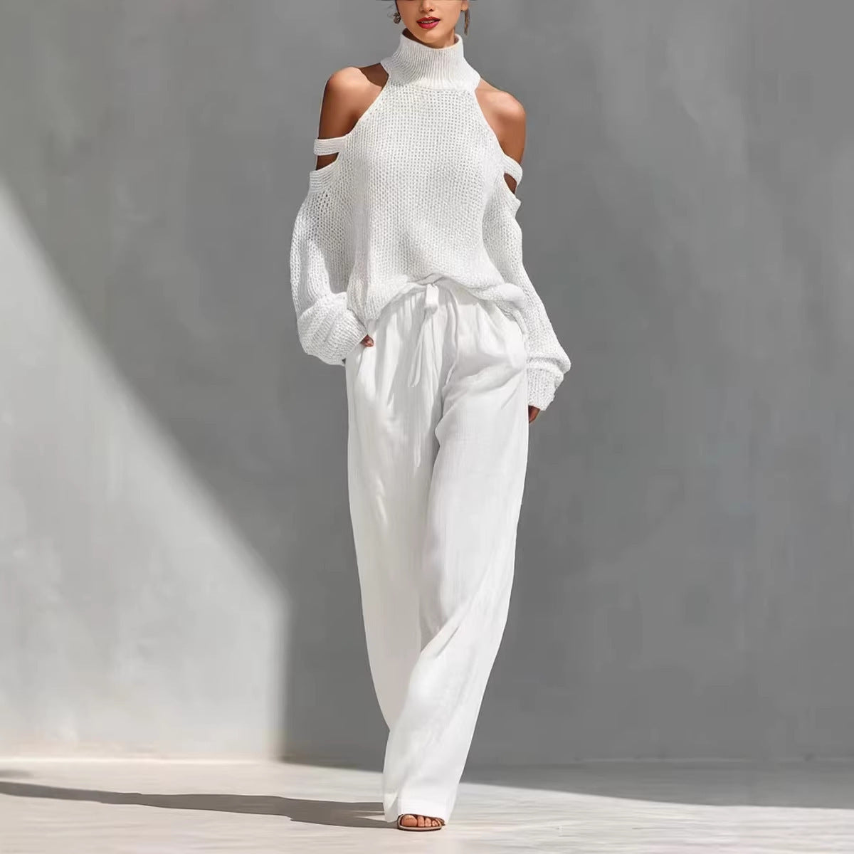 VVZ Women's beige knitted off-the-shoulder high-neck top and wide-leg trousers