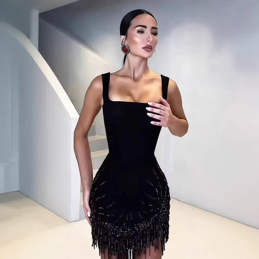 VVZ Sexy Spaghetti-Strap Fringe Dress
