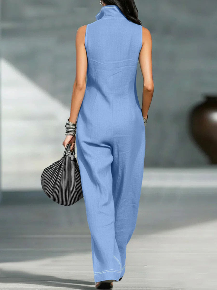 VVZ Women's Stand-Collar Sleeveless Loose-Fit Casual Jumpsuit