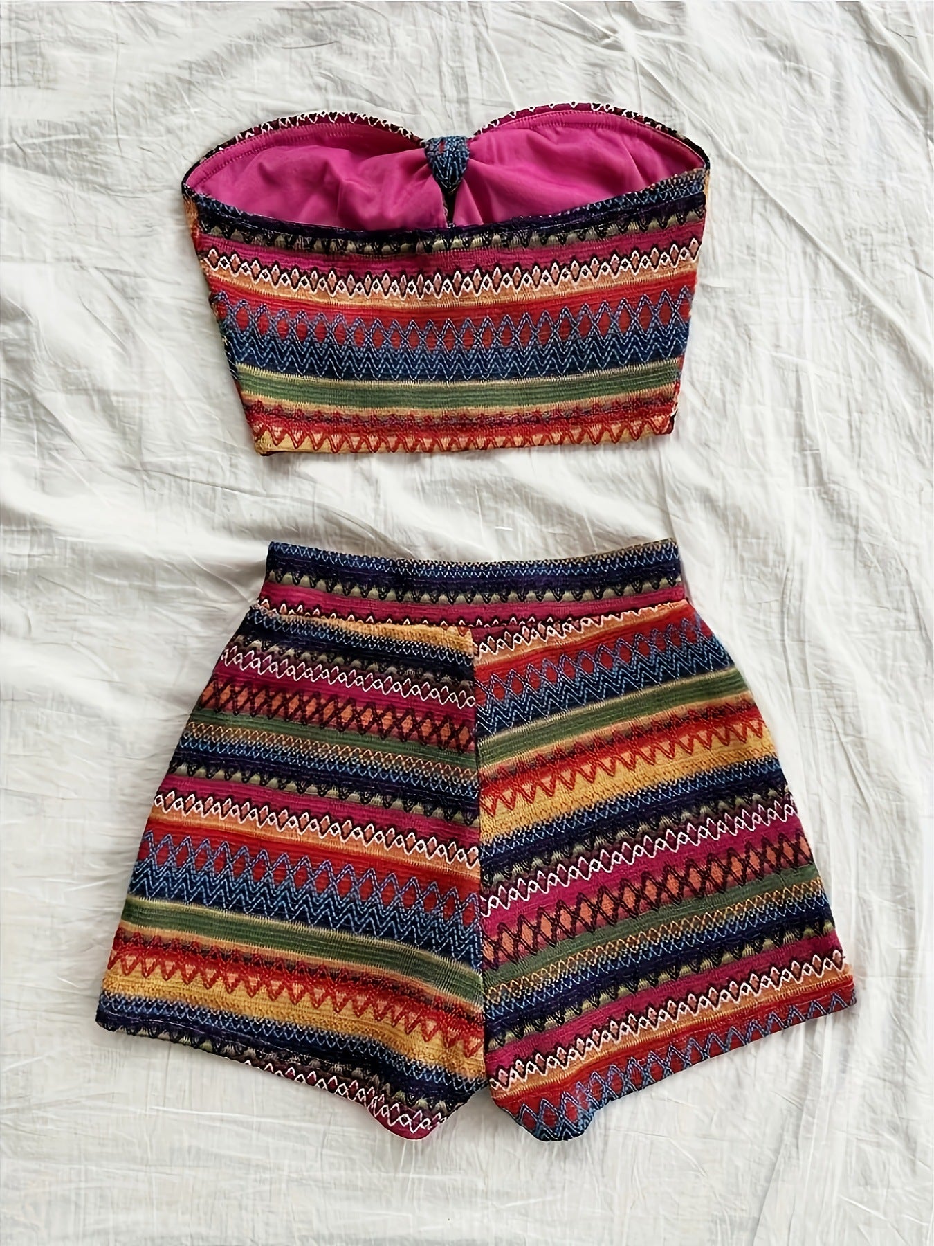 VVZ Women's Striped Cropped Bandeau Top and High-Waisted Shorts Set