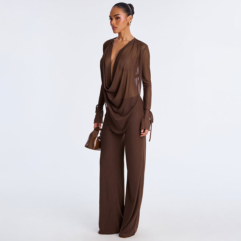 VVZ Deep V-Neck Mesh Top Paired with Wide-Leg Pants