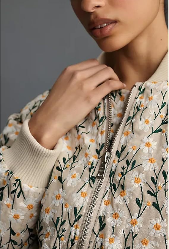 VVZ Women's Ramie Linen Embroidered Daisy Cropped Bomber Jacket