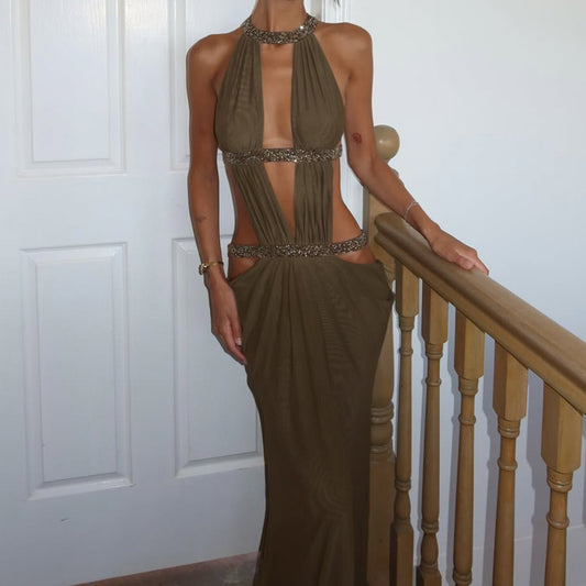 VVZ Sexy Backless Sequin Maxi Dress with Spaghetti Straps