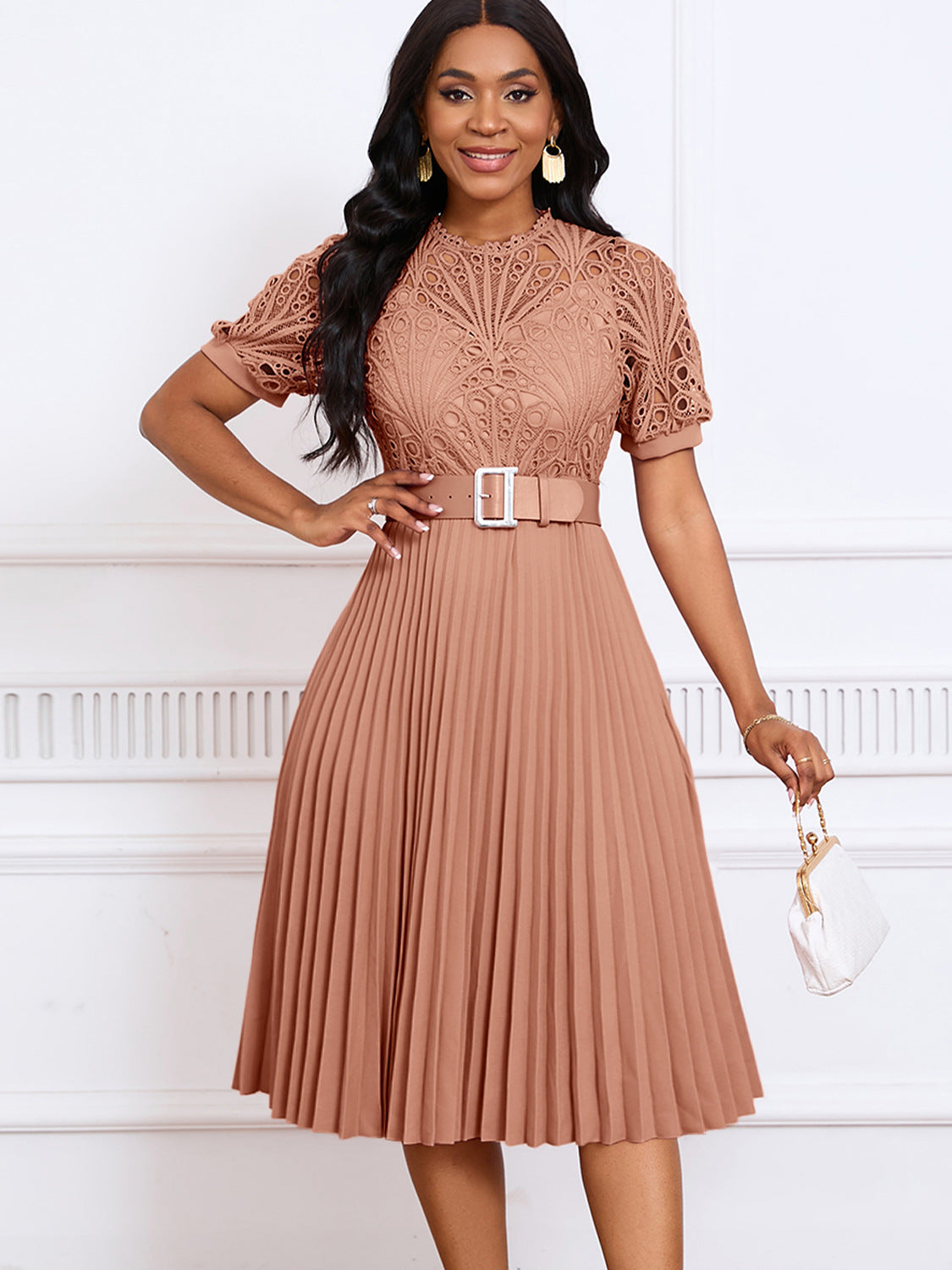 VVZ Women's Solid-Color Round-Neck Puff-Sleeve Mini Dress