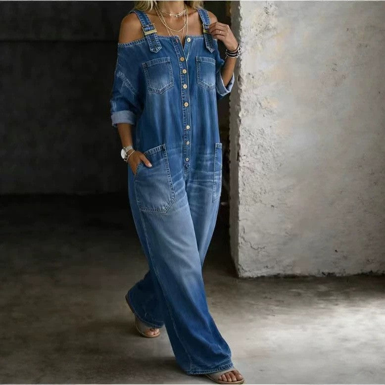 VVZ Women's Sexy Off-Shoulder Denim Jumpsuit