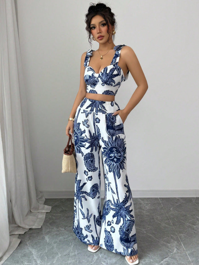 VVZ Women's Boho Style Floral Print Sleeveless Top & Belted Straight Leg Pants Set