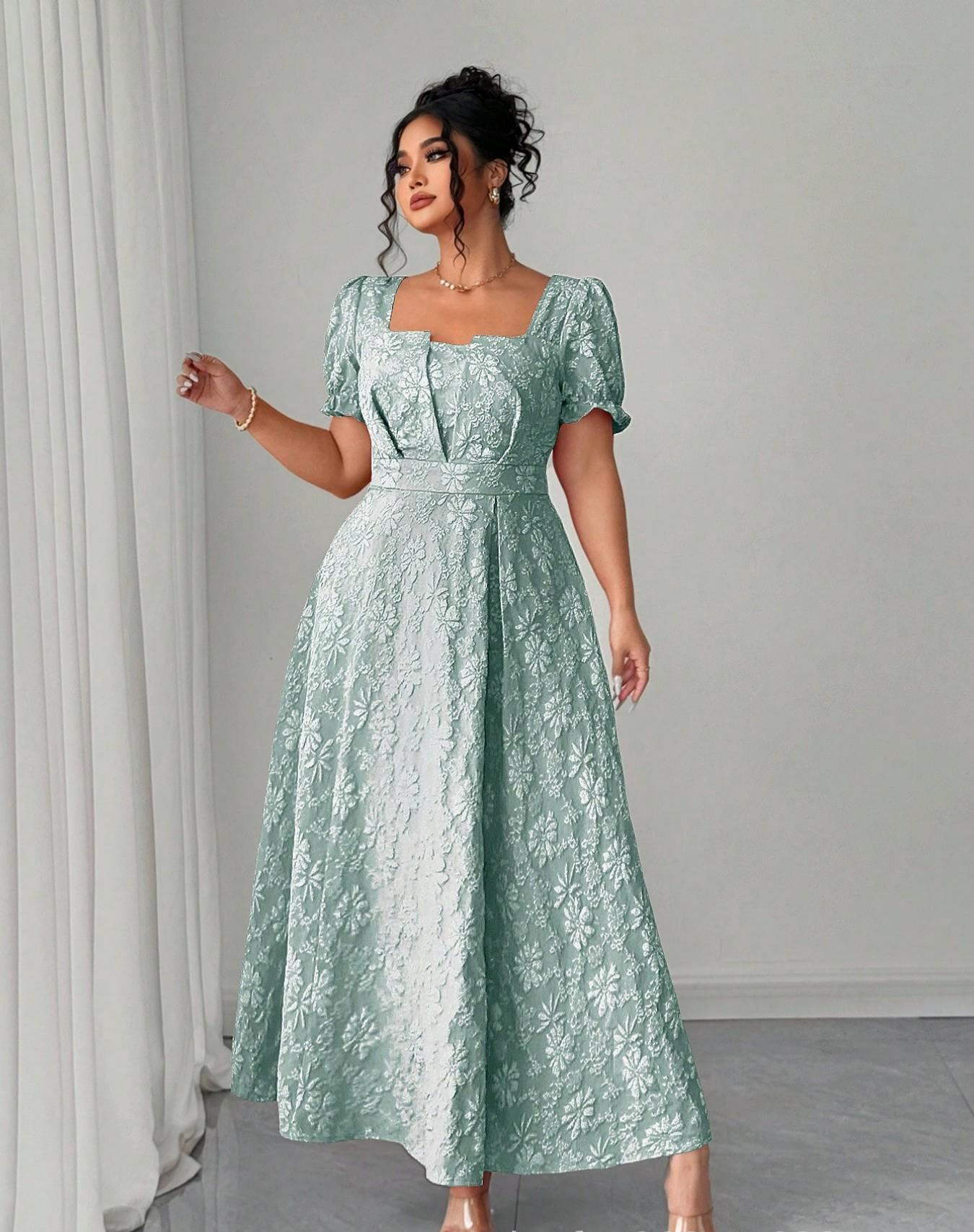 VVZ Plus-Size Embroidered A-Line Maxi Dress with Square Neckline, Puff Sleeves, and Tie Detail