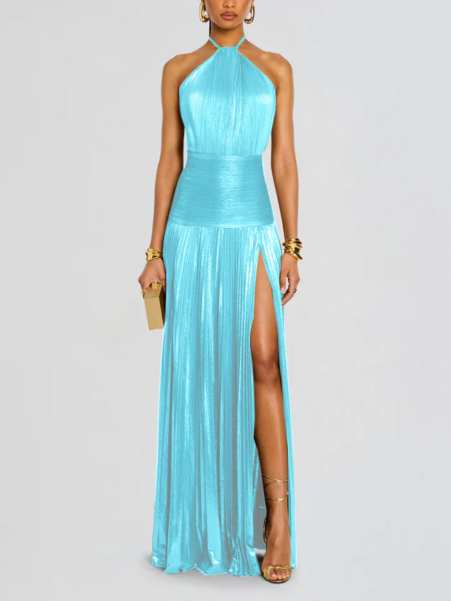 VVZ Halter-Neck Metallic Pleated Maxi Dress