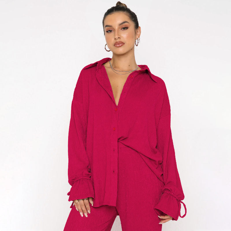 VVZ Women's Solid-Color Collared Button-Down Shirt and Slit-Hem Trousers Set