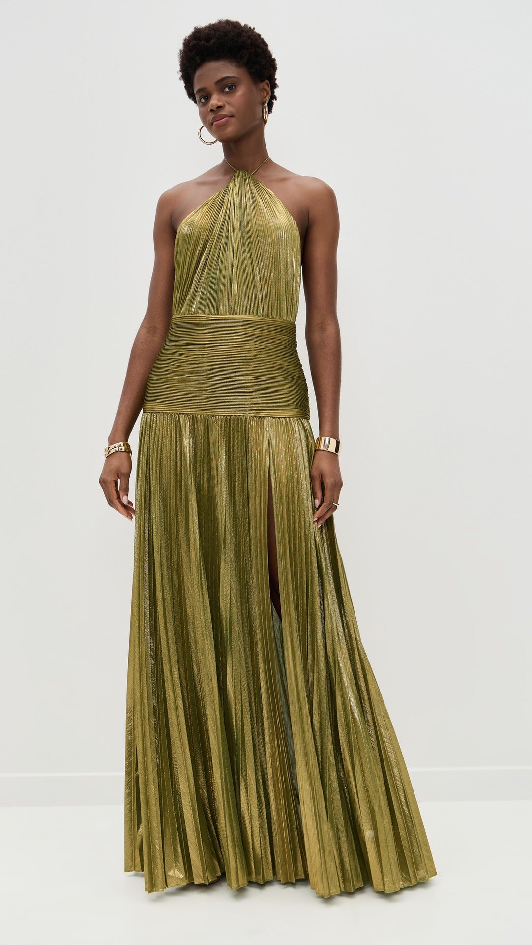 VVZ Halter-Neck Metallic Pleated Maxi Dress