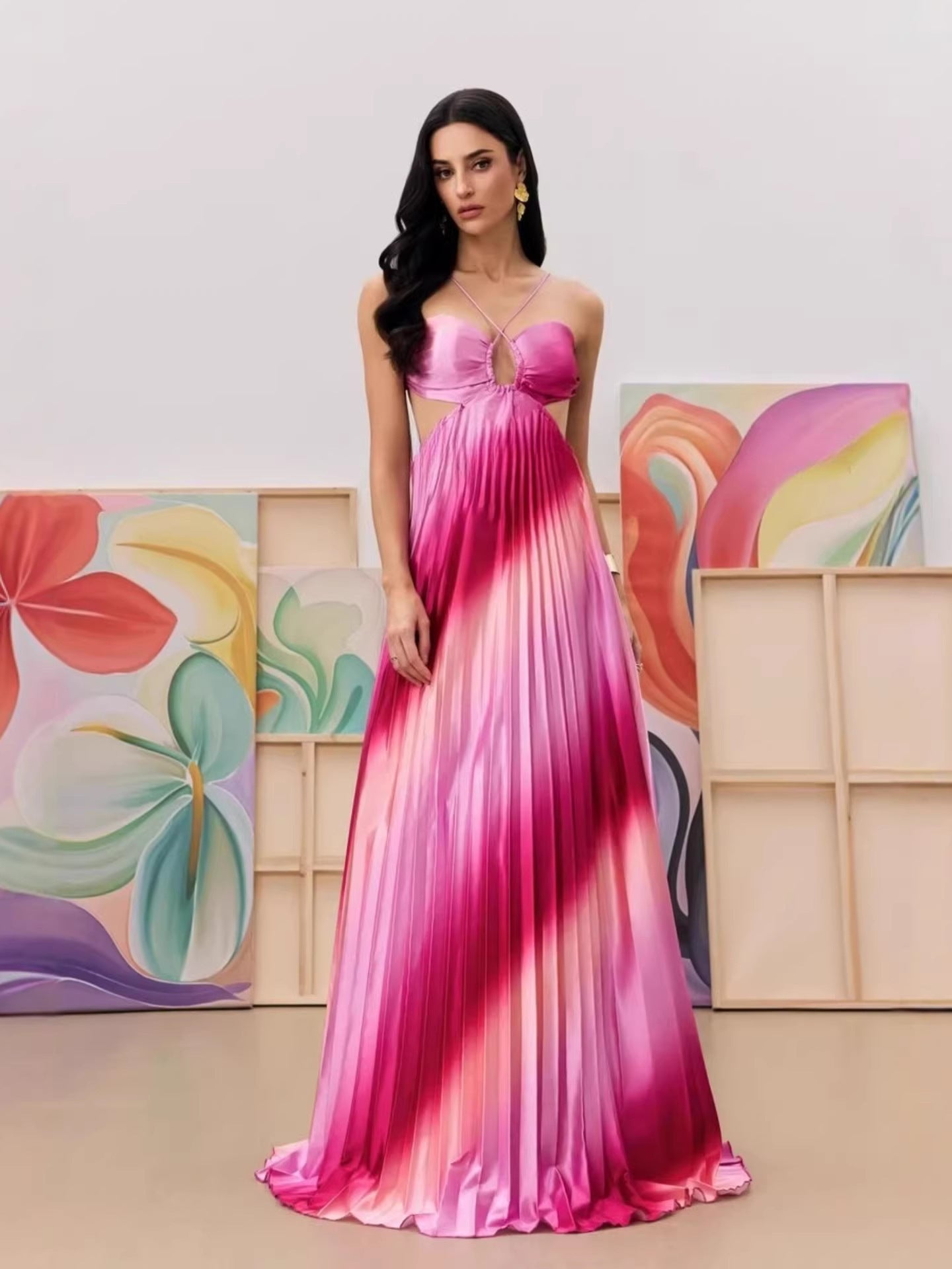 VVZ Pink Ombré Pleated Satin Long Gown