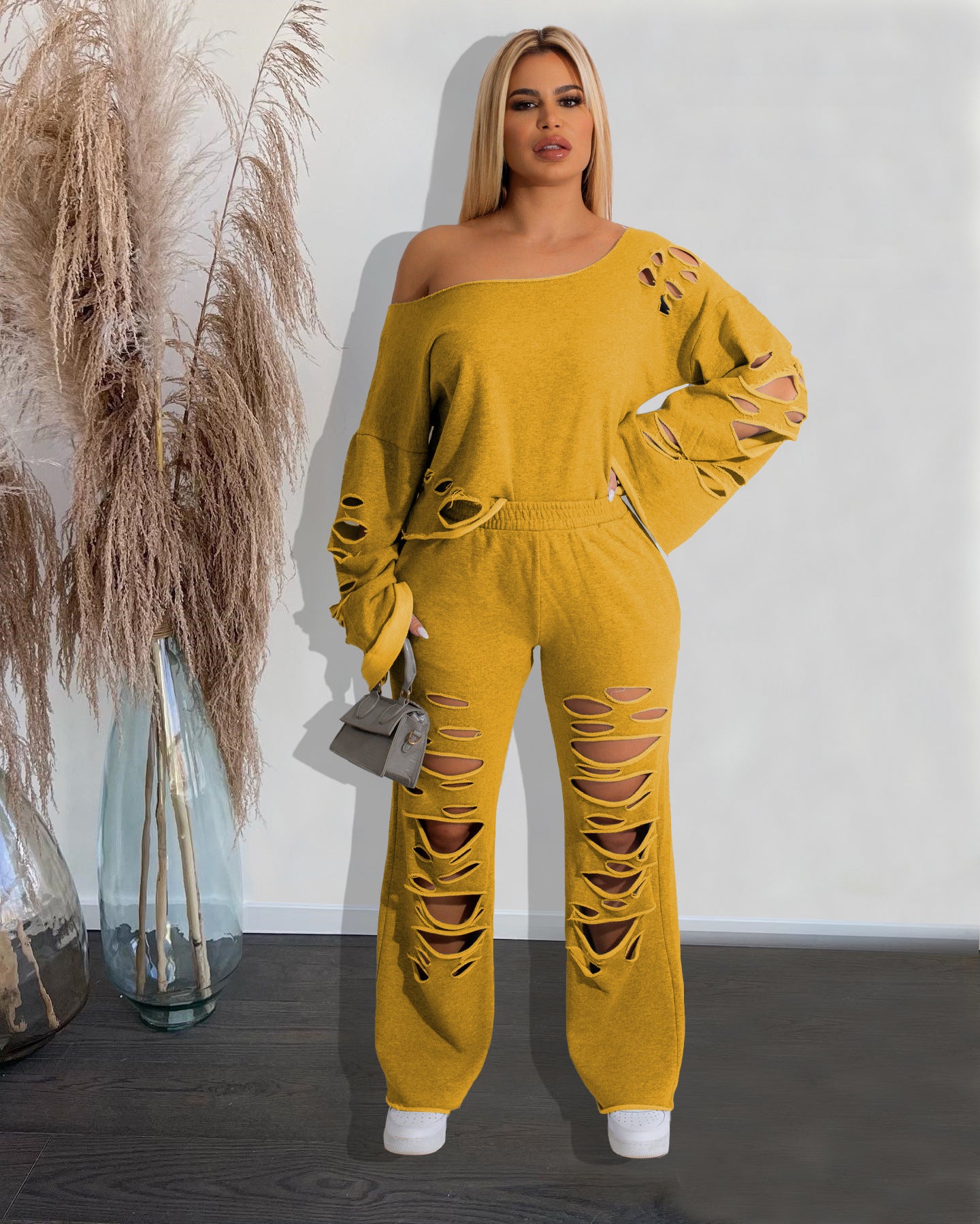 VVZ Women's Distressed Asymmetrical-Collar Knit Pullover and Wide-Leg Pants Set