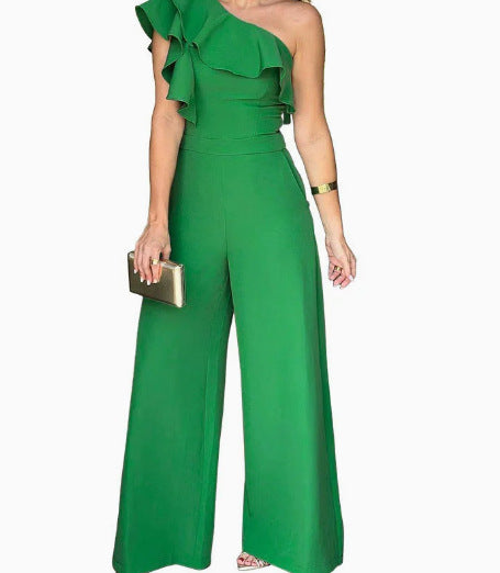 VVZ Women's Solid-Color One-Shoulder Ruffled Slim-Fit Jumpsuit