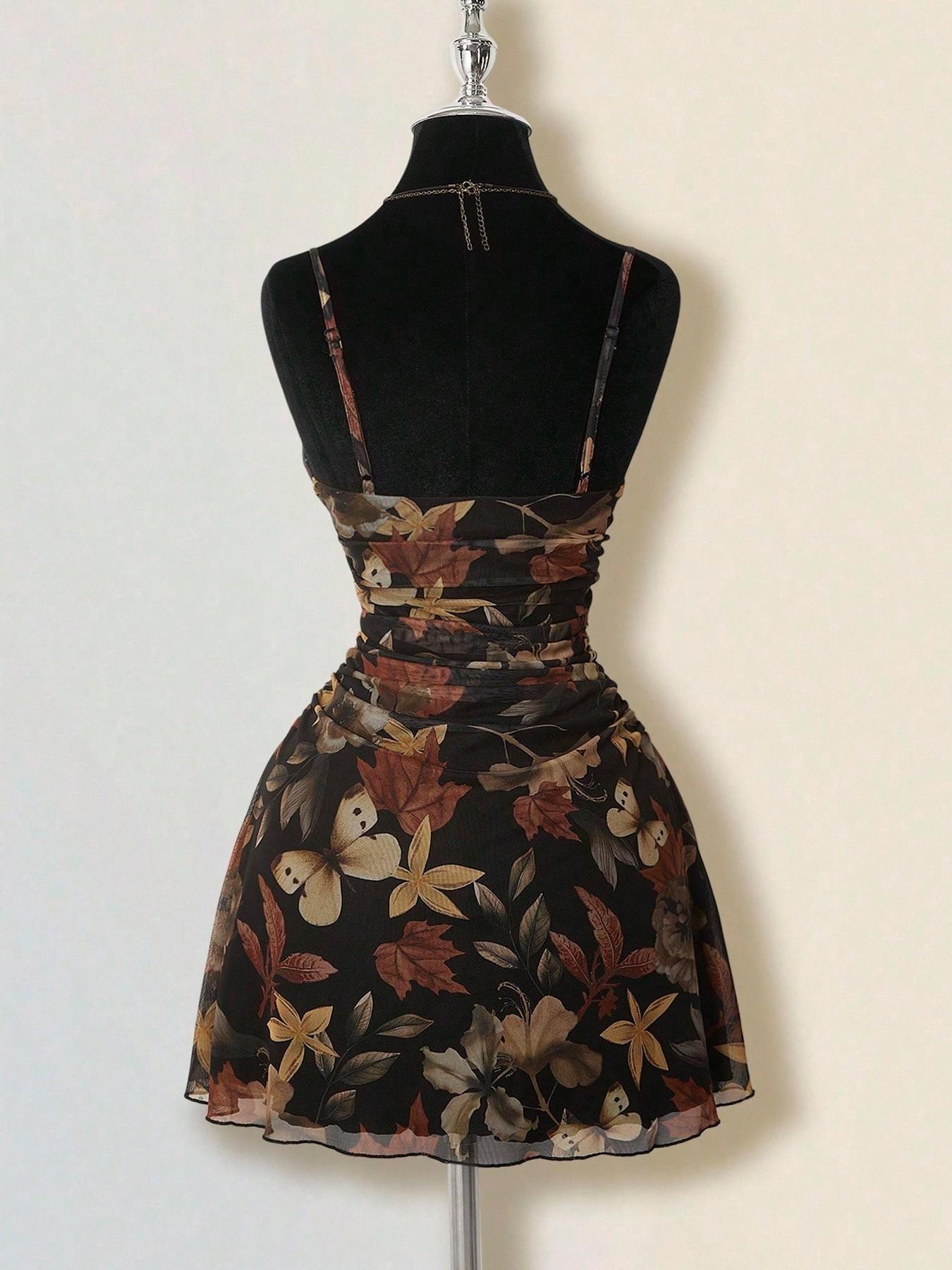 VVZ Women's Vintage Maple Leaf Print Ruched Mini Dress