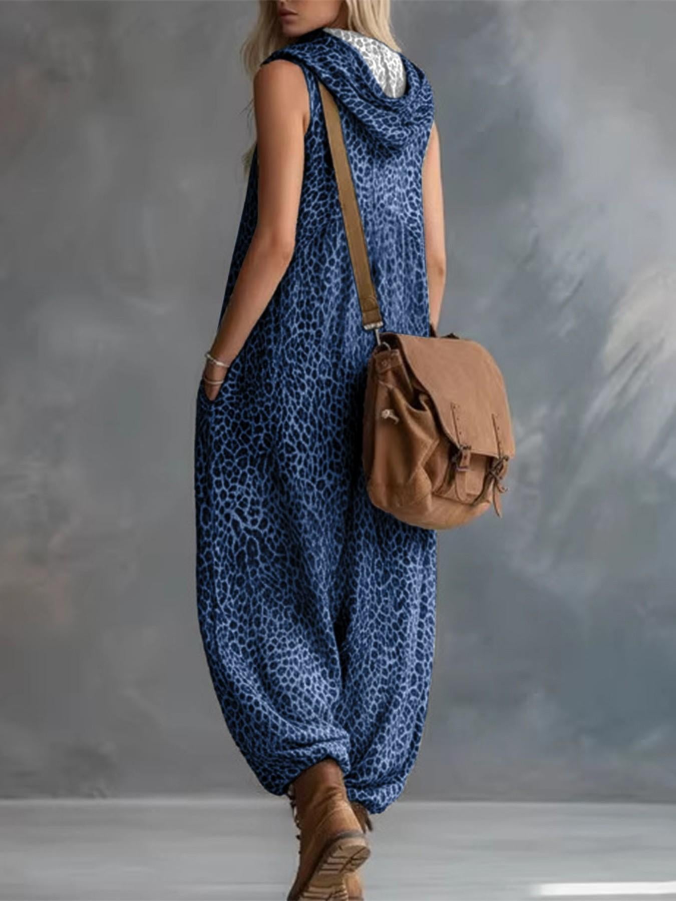 VVZ Women's Summer Leopard Print Hooded Zip-Up Jumpsuit