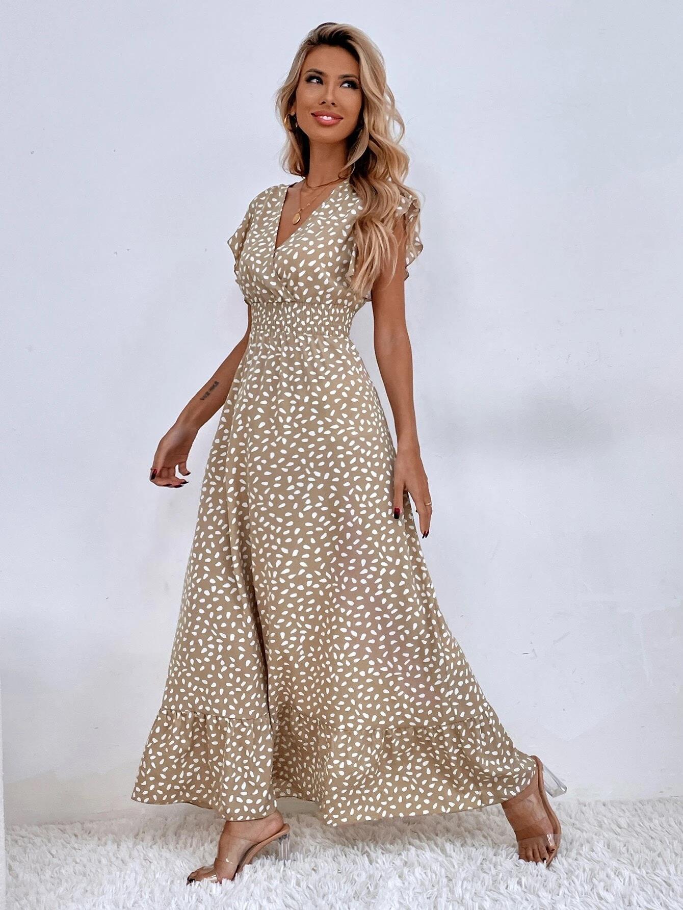 VVZ Women's Floral V-Neck Ruffled Waist-Cinching Slim-Fit Dress