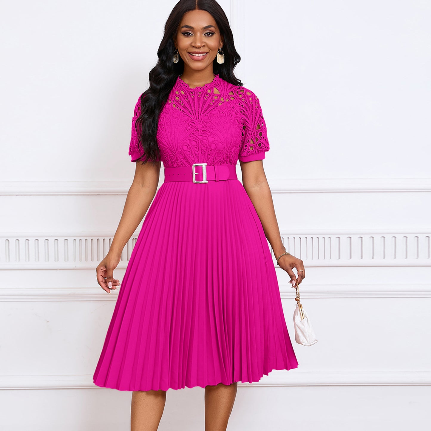 VVZ Women's Solid-Color Round-Neck Puff-Sleeve Mini Dress