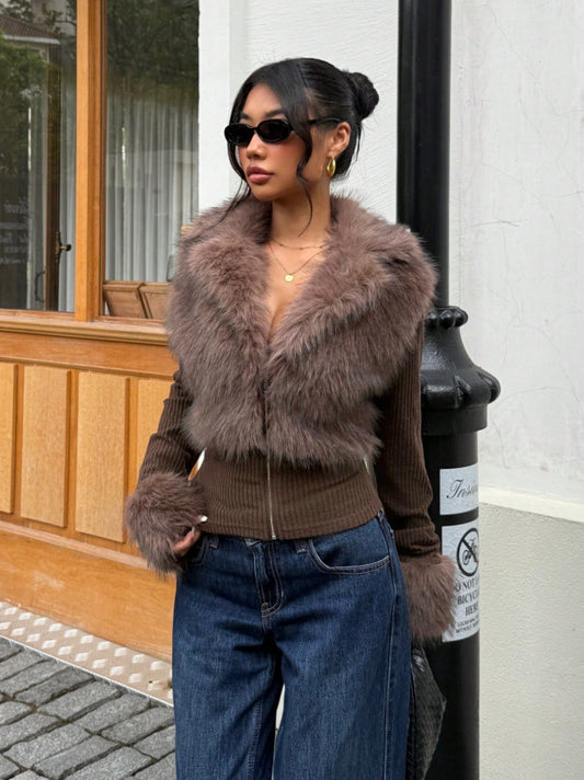 VVZ Women's Street Style Patchwork Knit Faux Fur Jacket