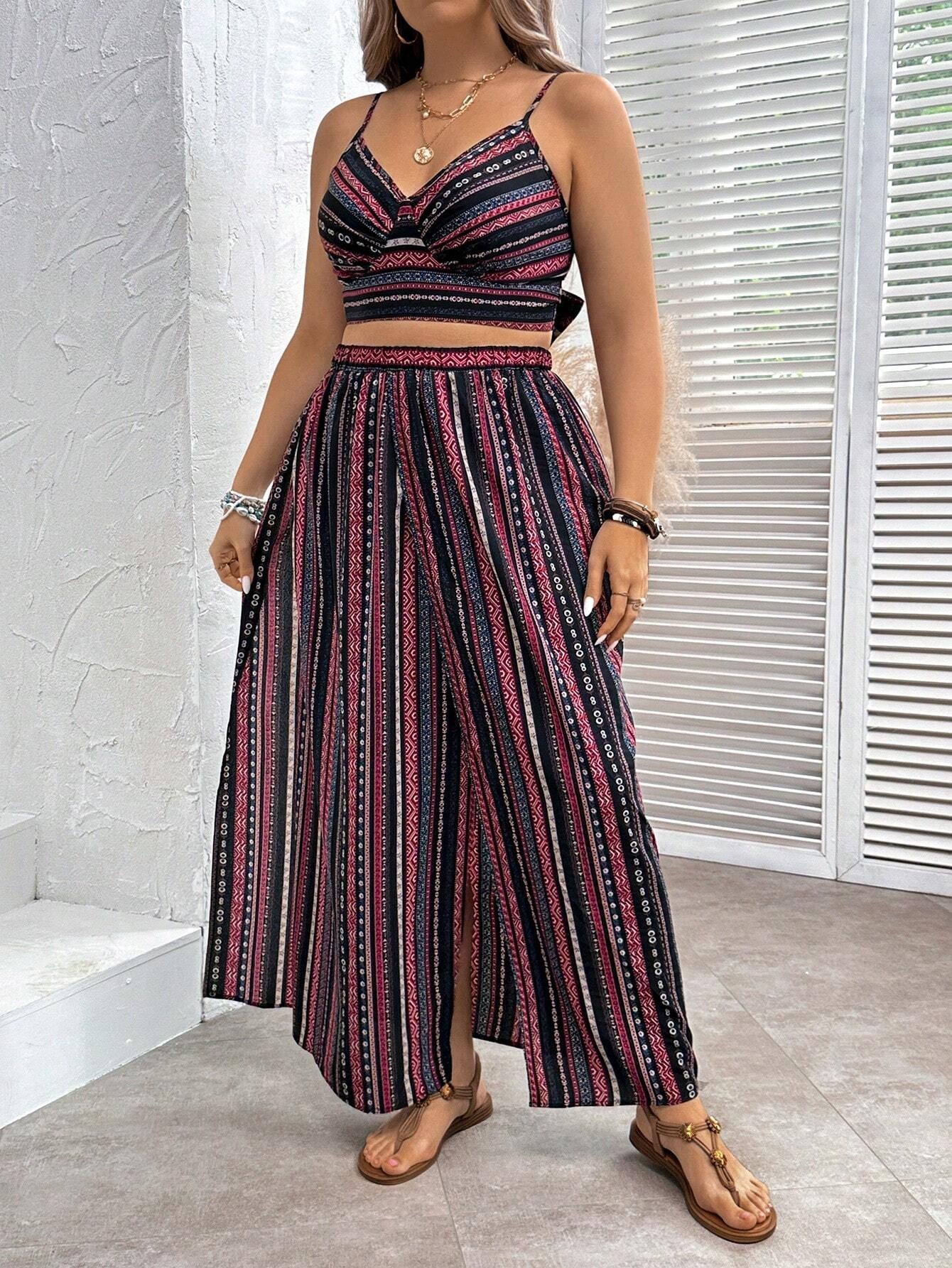 VVZ All-Over Print Backless Tie-Strap Cropped Cami Top and Slit Maxi Skirt Set